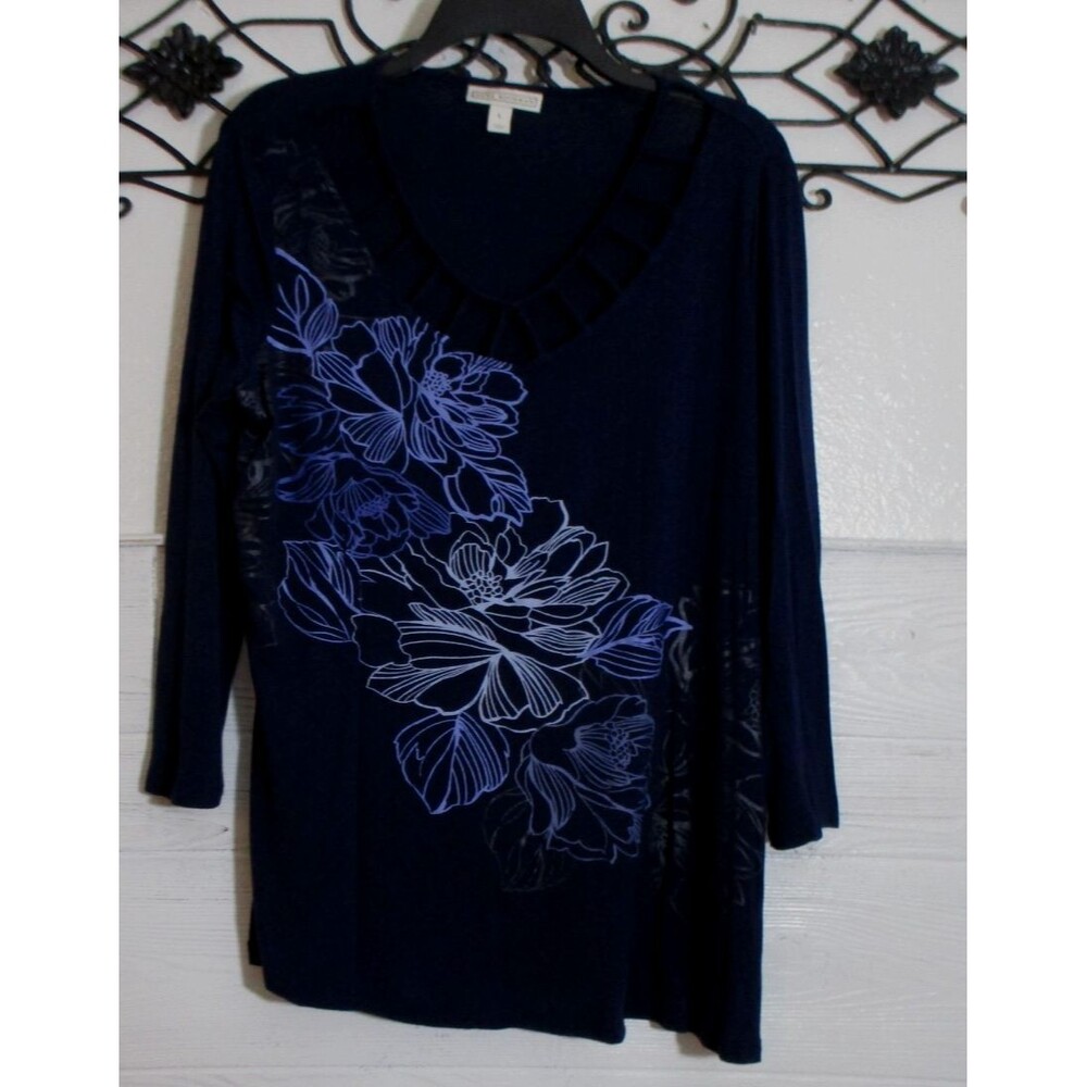 Dana Buchman Women's Knit Top Size L Long Sleeve Navy Blue Floral V Neck